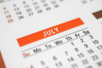 July calendar background, close up photo