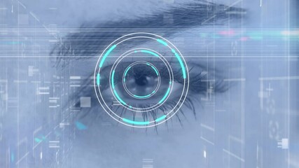 Poster - Glowing neon round scanner scanning over close up of female eye