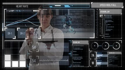 Poster - Digital interface with medical data processing against female doctor touching invisible screen