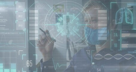 Poster - Digital interface with medical data processing against man wearing face mask writing on white board