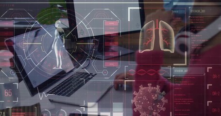 Poster - Digital interface with medical data processing against man wearing face mask using computer
