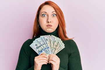 Canvas Print - Beautiful redhead woman holding dollars close to face puffing cheeks with funny face. mouth inflated with air, catching air.