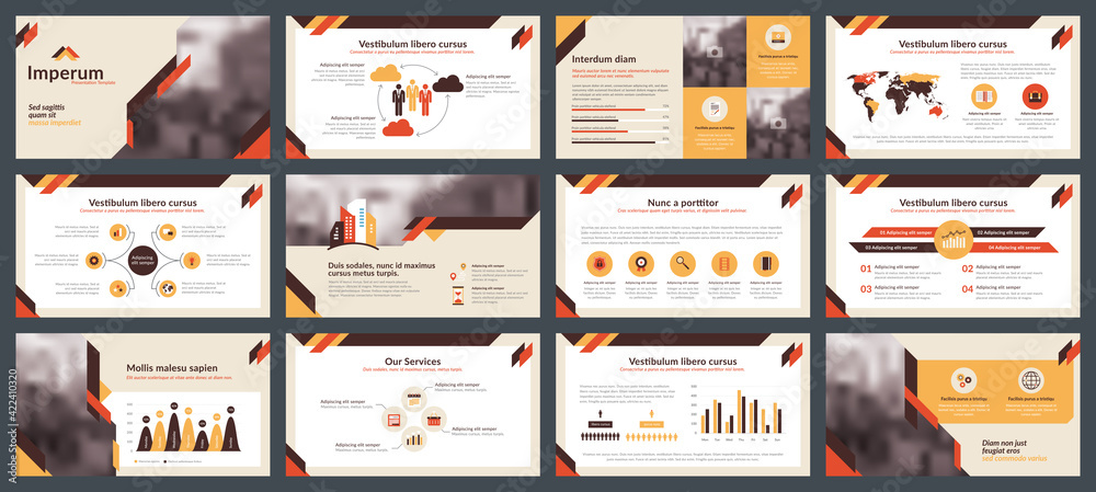 Powerpoint and keynote presentation slides design template. Elements of infographics for presentations templates, annual report, leaflet.Corporate report, advertising template in vector Illustration.  - obrazy, fototapety, plakaty 