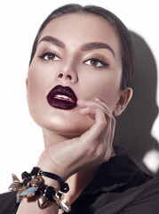 Wall Mural - beauty fashion model girl with dark lips portrait, wearing stylish sexy woman portrait with perfect 