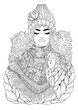 Vector women with curly hairstyle, decorated patterned large scarf. Attractive fashion model in a  warm knitted sweater holds a mug hot drink with eyes closed. Decorated  illustration coloring page