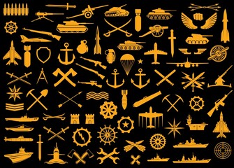 army kind of troops heraldry, badges or patches. vector bandolier, sword, tank and cannon with torpe