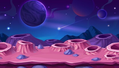 Wall Mural - Cartoon planet surface with craters, space background. Vector alien landscape with pink or purple kraters, falling comet in cosmos and planet spheres in Universe. Futuristic computer game cosmic scene