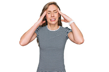 Sticker - Young blonde woman wearing casual clothes with hand on head for pain in head because stress. suffering migraine.