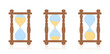 Hourglass - start, halftime and finish sequence. Three sand timer in timing action, measuring as time goes by, before, during, after. Isolated vector illustration on white background.
