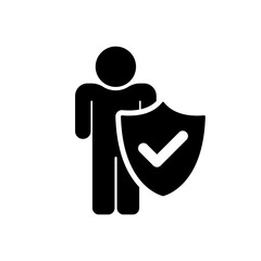 Poster - Person protected icon. Man with shield insured icon. Vector icon of a person with a check mark on the shield. Protection of human rights. Person protected icon.