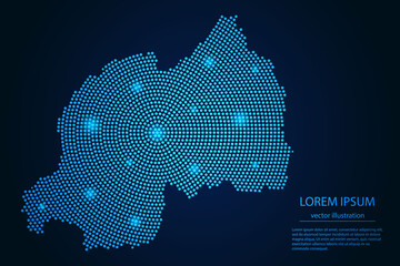 abstract image rwanda map from point blue and glowing stars on a dark background. vector illustratio
