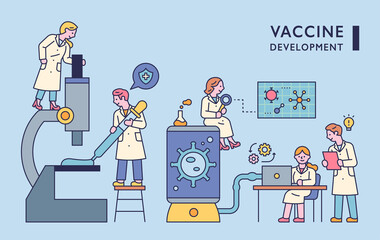 Poster - Doctors doing research with huge equipment in the lab. flat design style minimal vector illustration.