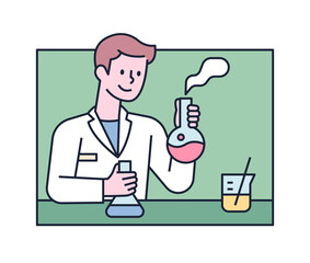Poster - A male researcher is experimenting with a flask in his hand. flat design style minimal vector illustration.