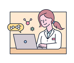 Poster - A female researcher turns on a laptop and studies cells. flat design style minimal vector illustration.