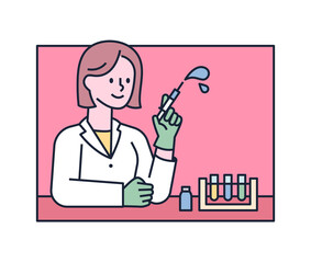 Poster - A female researcher is conducting research in a test tube. flat design style minimal vector illustration.