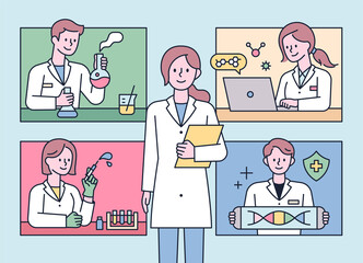 Poster - Researchers doing various experiments in the lab. flat design style minimal vector illustration.