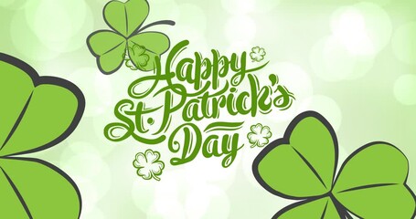 Wall Mural - animation of happy st patrick's day text and clover leaves over white spot lights on green