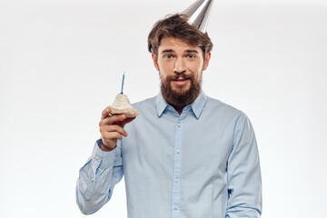 Happy guy with birthday cake white background Compact corporate party cropped beard view