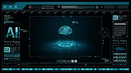 Poster - artificial intelligence concept. brain over a circuit board and scanning. graphic user interface hea