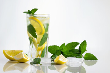 Wall Mural - Fresh homemade cocktail in a tall glass with lemon, mint and ice on a white background, copy space