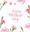 Happy Mothers day. Calligraphic greeting text. Holiday design template with realistic pink carnation flowers, gift boxes and paper hearts on white background. Vector stock illustration.