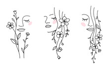 One Line Drawing. Set Of Abstract Beautiful Girl With Flower And Leaf In Long Hair. Decorative Female Beauty Icon With Floral Pattern. Natural Cosmetic Concept. Vector Illustration	