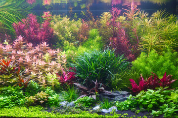 Wall Mural - Colorful aquatic plants in aquarium tank with Nature Dutch style aquascaping layout