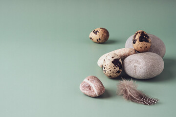 Wall Mural - Quail eggs, round stones and feathers lie on a pastel blue background, close-up. Natural modern Easter background. Creative minimalistic Easter concept