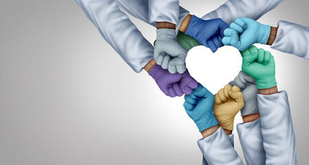 Wall Mural - Medical staff unity and doctors working together and medical teamwork or health workers unity and global healthcare partnership as a group of diverse medics connected together shaped as a heart