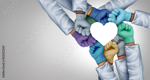 Medical staff unity and doctors working together and medical teamwork or health workers unity and global healthcare partnership as a group of diverse medics connected together shaped as a heart