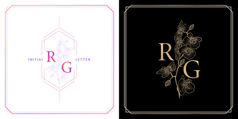 RG or GR monogram with orchid flowers ornament, initial letter and graphic name with golds colors and purple isolated backgrounds, for insignia, initial letter graphic name, couple name letterpress.