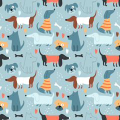 cute vector seamless pattern with hand drawn difference funny dogs naive childish ornament. pattern for printing on fabric, clothing, wrapping paper, wallpaper for a kid's room, baby things
