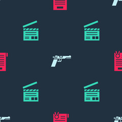 Sticker - Set Declaration of independence, Pistol or gun and Movie clapper on seamless pattern. Vector