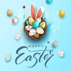 Canvas Print - Easter blue composition, eggs in a basket with a beautiful pattern, bunny ears, snowdrops flowers