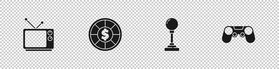 Sticker - Set Retro tv, Casino chips, Joystick for arcade machine and Gamepad icon. Vector