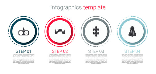 Sticker - Set Gamepad, , Piece of puzzle and Badminton shuttlecock. Business infographic template. Vector