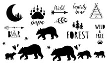 Bear Family Set. Forest Papa, Mama, Sister Baby Bear Black Shapes Cute Bear Prints Pharses With Paw Wildlife
