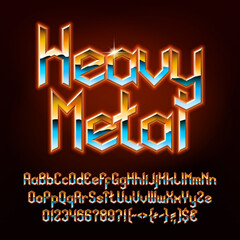 Fototapete - Heavy Metal alphabet font. Glowing letters, numbers and punctuations in hard rock style. Uppercase and lowercase. Retro typescript for your typography design.