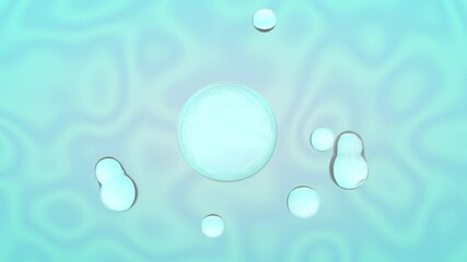 Poster - Schleife 3D Animation des blauen abstrakten Hintergrunds, und Tropfen von transparentem Wasser, Flüssigkeit, die sich zufällig im Raum bewegen. Nr. d Animation für die Werbung für Haushaltschemikalien