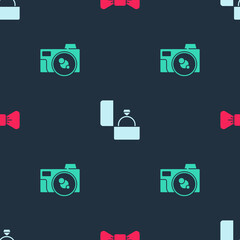 Wall Mural - Set Bow tie, Diamond engagement ring and Photo camera on seamless pattern. Vector