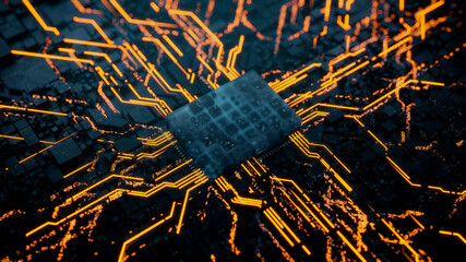 Advanced Technology Concept with Microchip. Orange Neon Data flows from the CPU across a Futuristic Motherboard. 3D render.