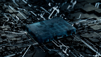 Advanced Technology Concept with Microchip. White Neon Data flows from the CPU across a Futuristic Motherboard. 3D render.