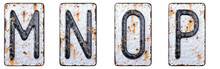 3D Render Set Of Capital Letters M, N, O, P Made Of Forged Metal On The Background Fragment Of A Metal Surface With Cracked Rust.