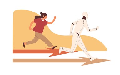 Poster - Competition between robot and human. Person vs AI concept. Technologies competing with people. Confrontation with artificial intelligence. Colored flat vector illustration isolated on white background