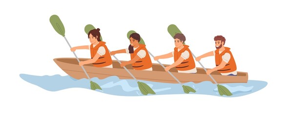 Poster - Friendly team rowing in boat together. Concept of effective collaboration and organized teamwork. Good relationship between colleagues. Colored flat vector illustration isolated on white background