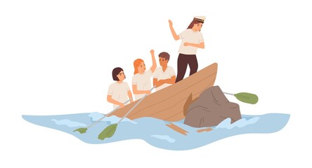 Aufkleber - Business failure concept. Leader and team of employees colliding with problems and difficulties at work. Boat with coworkers in trouble. Colored flat vector illustration isolated on white background
