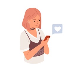 Poster - Happy young woman with smartphone using social networks app. Modern teenager with mobile phone surfing internet and getting likes. Colored flat vector illustration isolated on white background