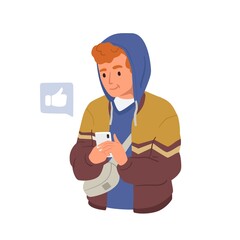 Poster - Happy young man using smartphone app, social media and surfing internet. Modern teenager holding mobile phone. Colored flat vector illustration of person with cellphone isolated on white background