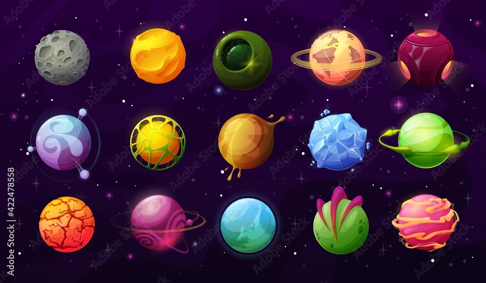 Fantastic planets in space vector icons, cartoon galaxy ui game asteroids. Cosmic world, alien design elements. Galaxy objects, planets with rings, frozen ice, craters and glowing lava surface set - obrazy, fototapety, plakaty 