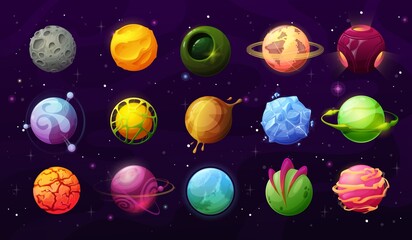 Poster - Fantastic planets in space vector icons, cartoon galaxy ui game asteroids. Cosmic world, alien design elements. Galaxy objects, planets with rings, frozen ice, craters and glowing lava surface set